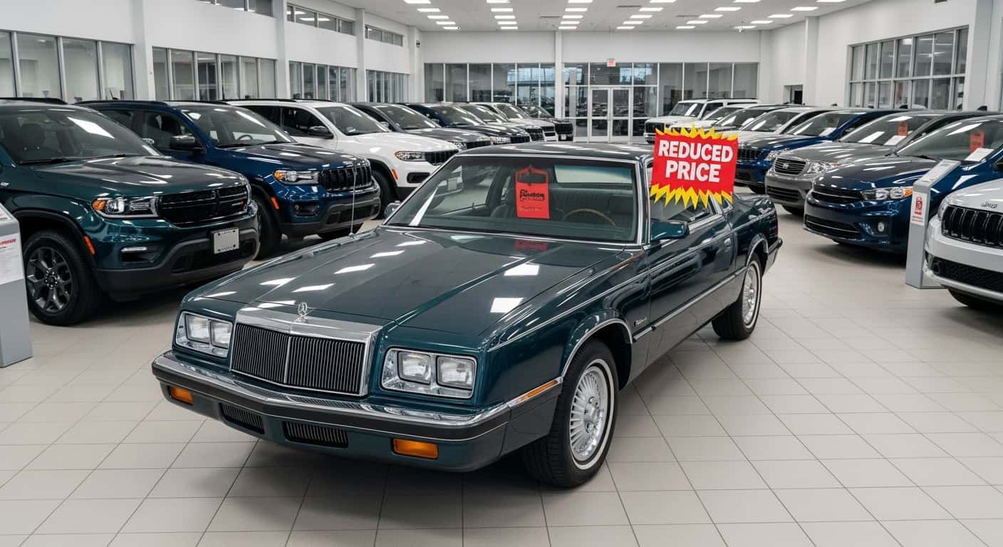 Green vintage coupe with Reduced Price sign displayed in Willowood Ventures’ brightly lit showroom, showcased among modern SUVs and cars. Dealership Aged inventory is a cancer to profits