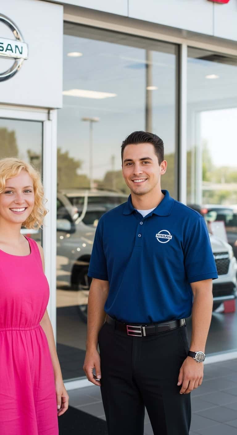 A smiling woman stands beside a male Nissan car salesperson outside a dealership, with vehicles visible through the glass doors—ideal for Willowood Ventures automotive marketing.