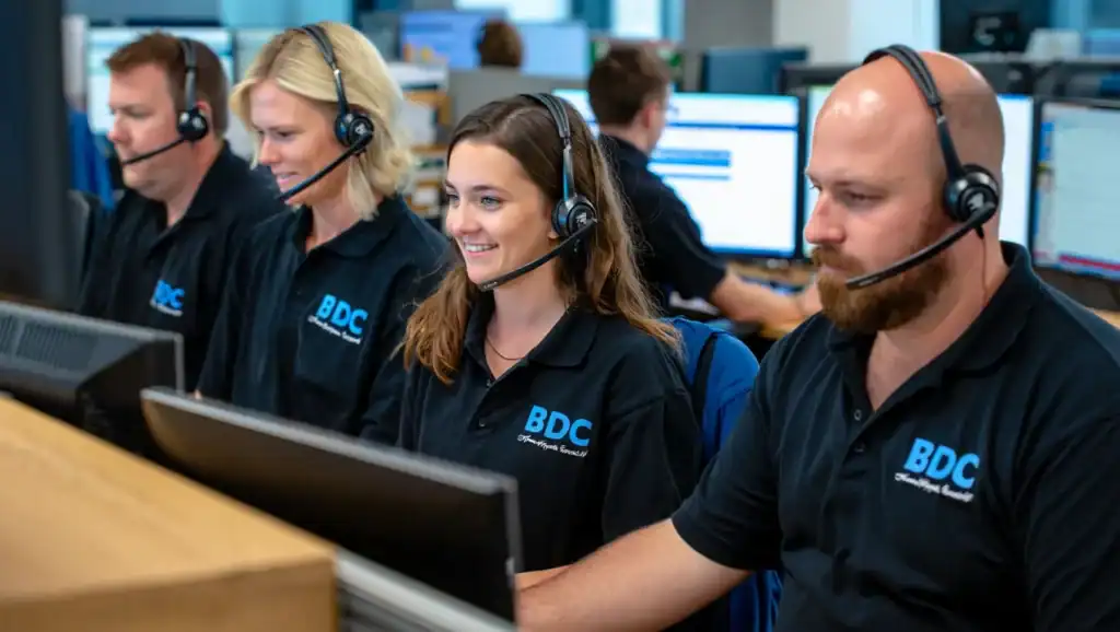 Four Willowood Ventures BDC team members in branded shirts work at computer desks, efficiently handling automotive customer inquiries and calls to ensure exceptional service and satisfaction.