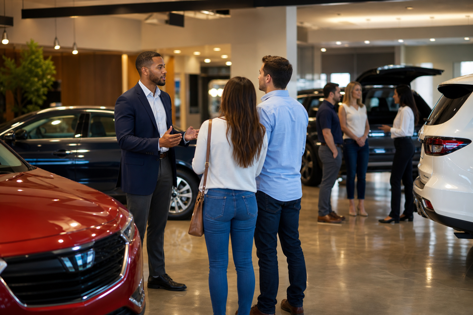 Dealership sales team having personalized conversations with different customer groups on showroom floor