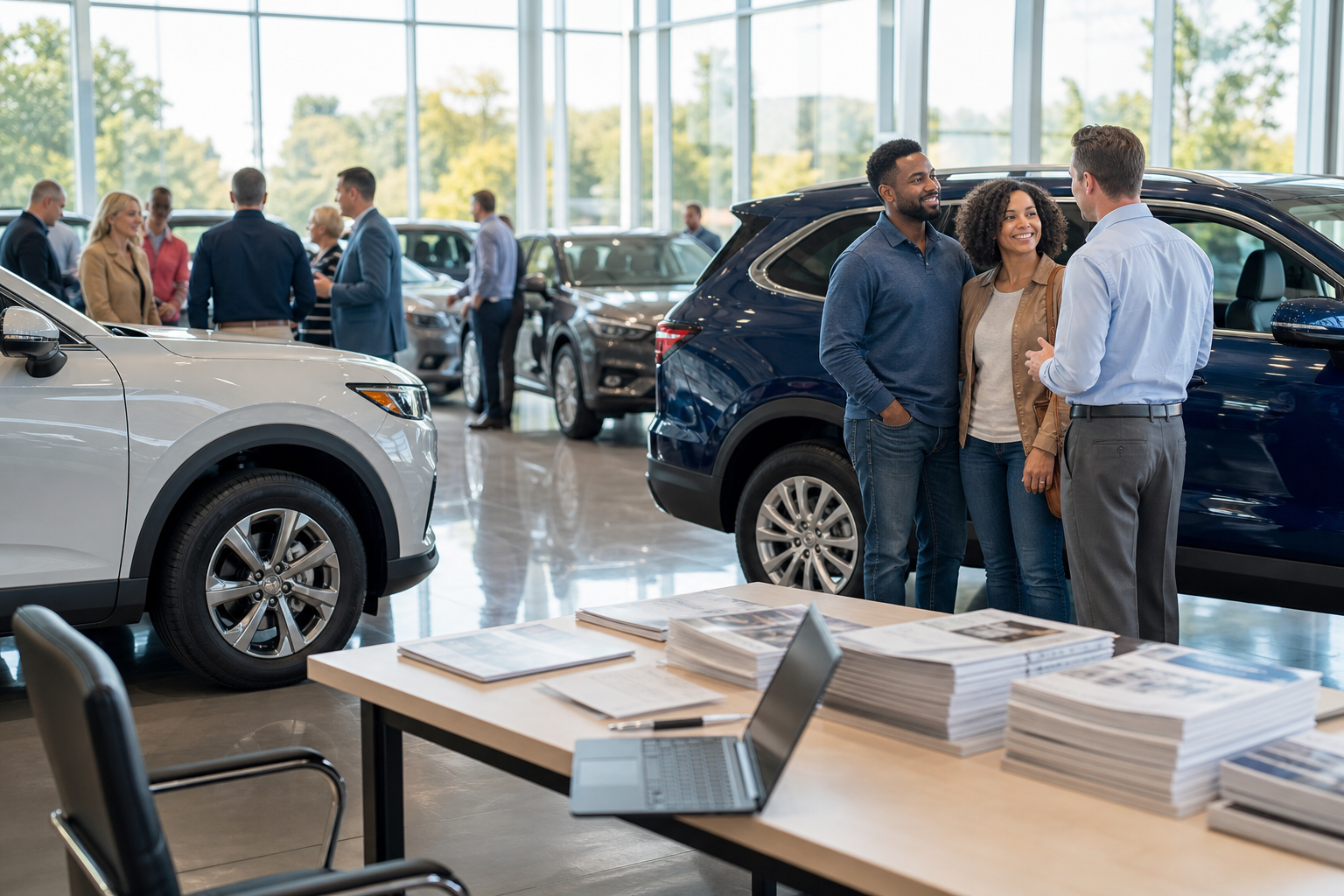 Busy dealership showroom on Saturday morning with sales team and customers