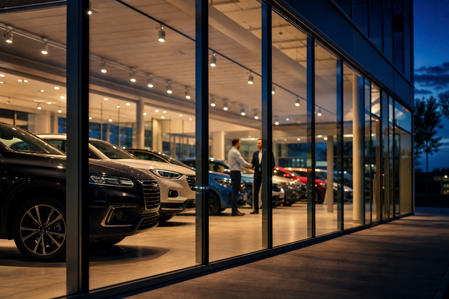 Modern car dealership showroom at dusk with customers and salesperson closing a deal in 2026