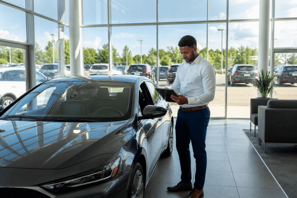 Modern auto dealership showroom floor with salesperson reviewing inventory on tablet in 2026