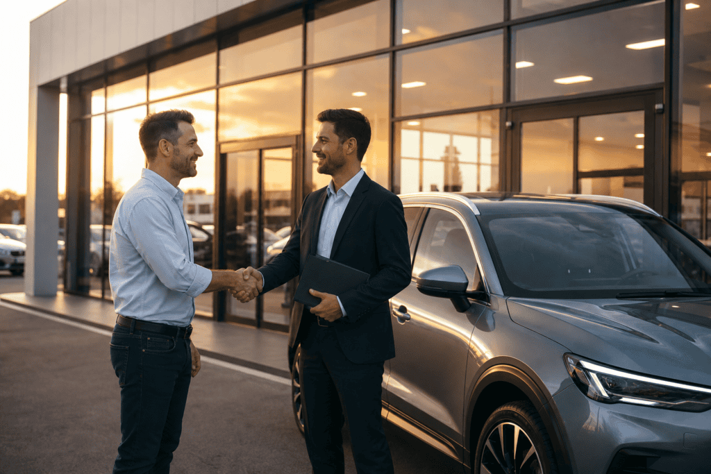 Car dealership salesperson and customer shaking hands outside modern showroom in 2026