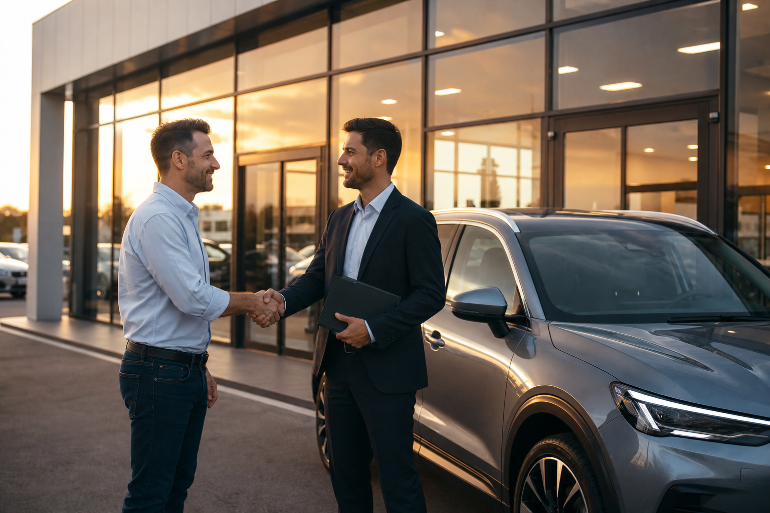 Car dealership salesperson and customer shaking hands outside modern showroom in 2026