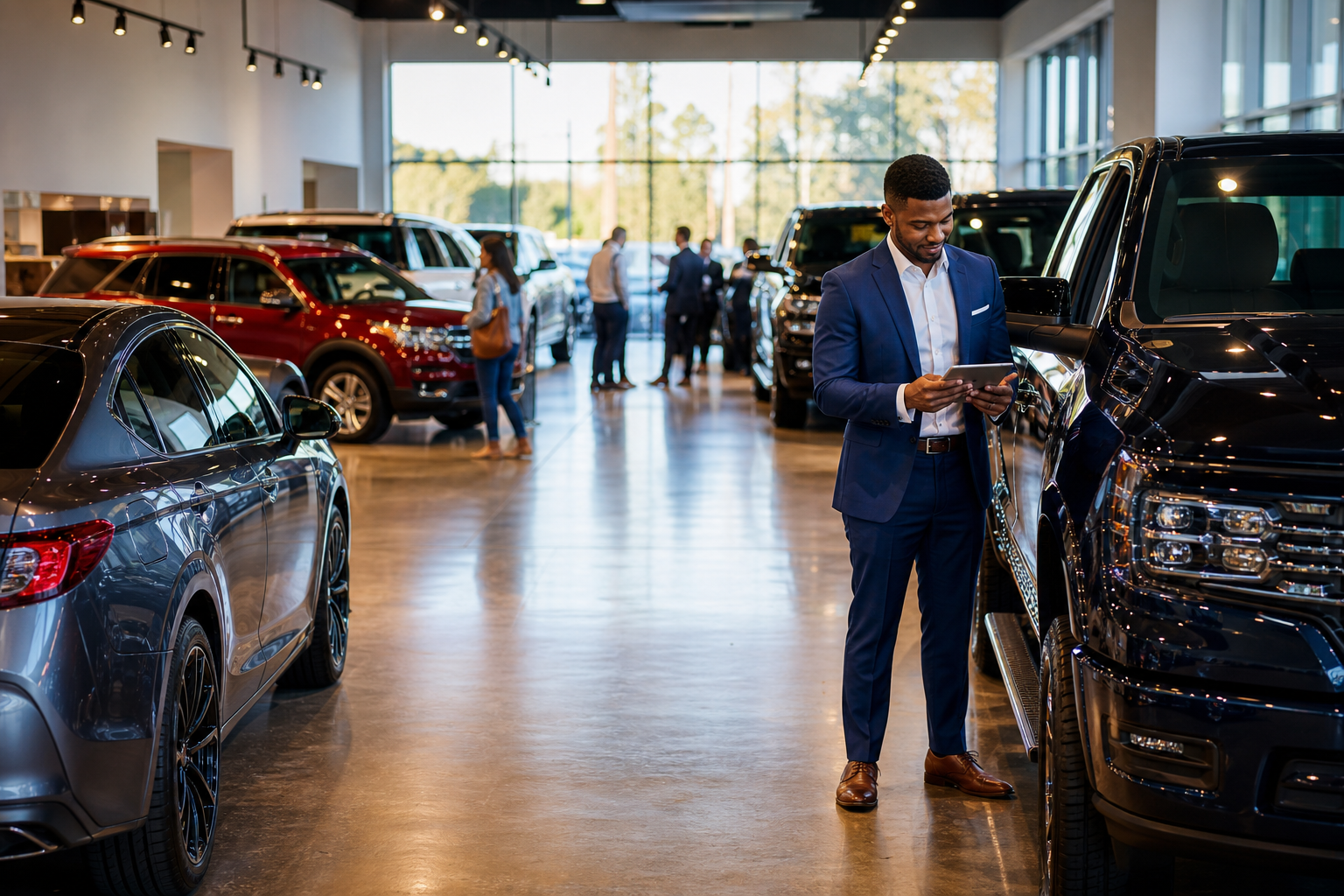 Modern car dealership showroom floor with new vehicles on display in 2026