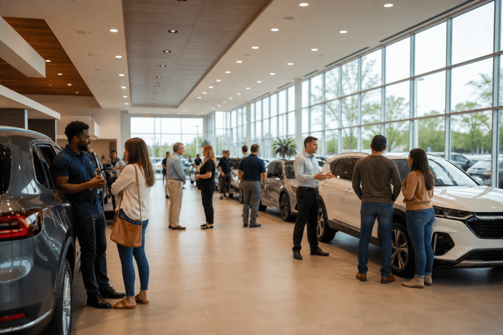 Busy dealership showroom during a live auto sales advertising event in 2026
