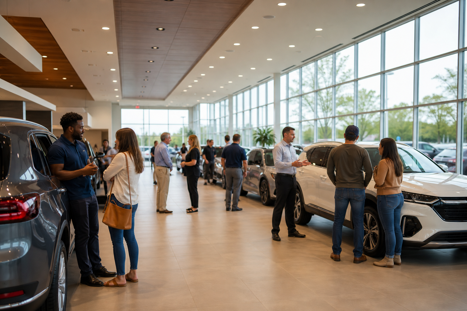Busy dealership showroom during a live auto sales advertising event in 2026