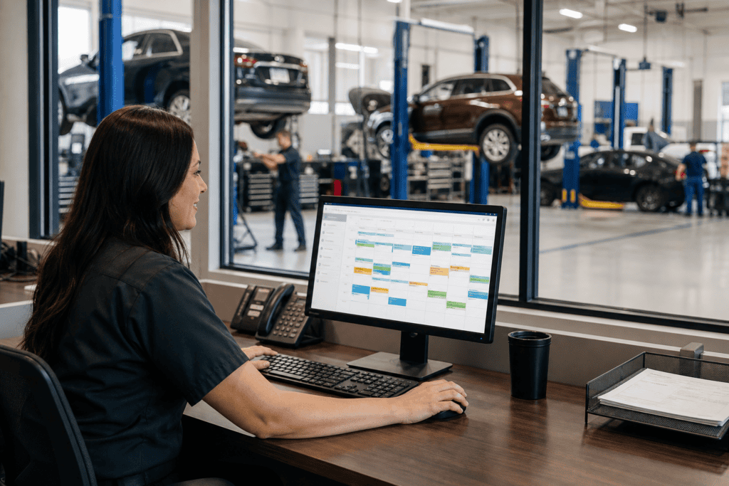 Service advisor reviewing digital appointment scheduling dashboard at dealership service drive in 2026
