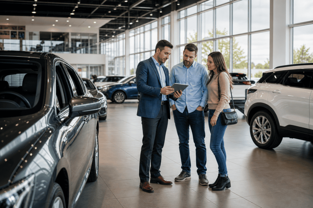 Car dealership showroom with salesperson and customers reviewing digital advertising results
