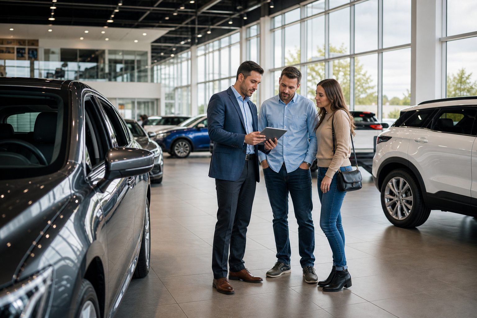 Car dealership showroom with salesperson and customers reviewing digital advertising results