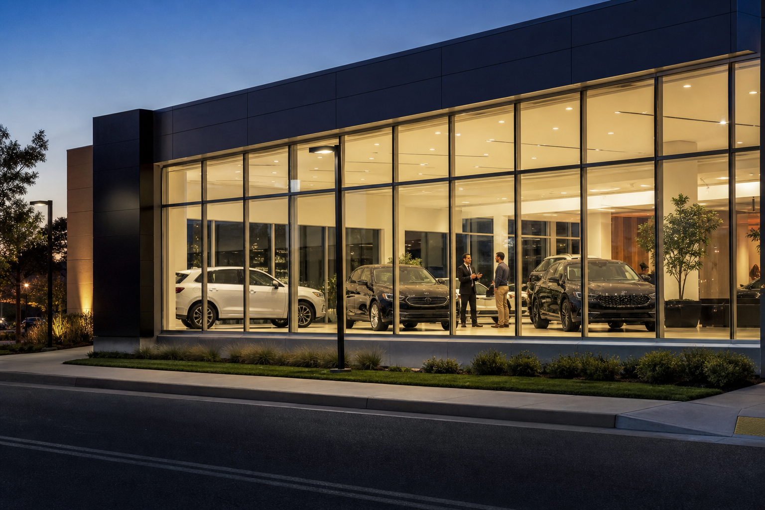 Modern car dealership showroom at dusk with vehicles displayed inside