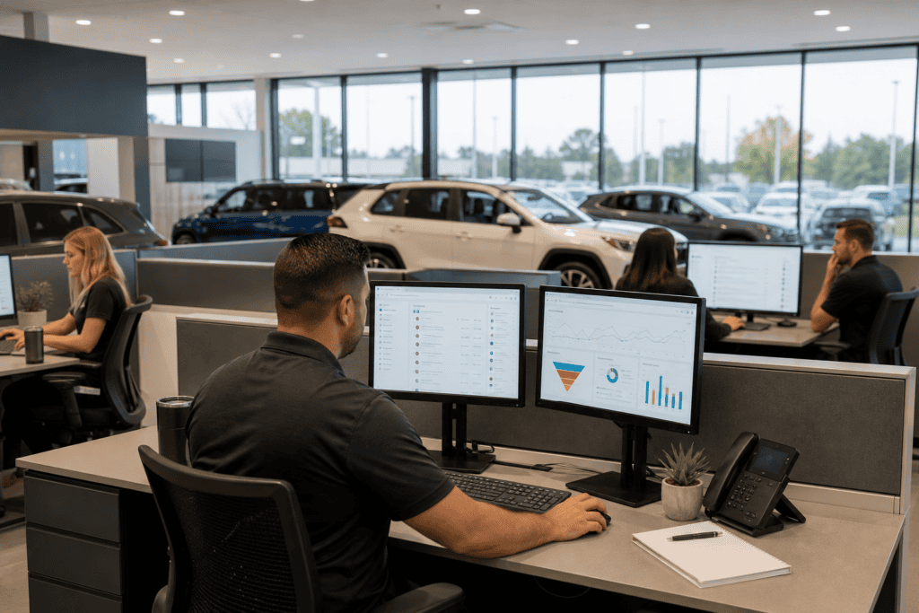 Dealership BDC team managing automotive email marketing campaigns in 2026
