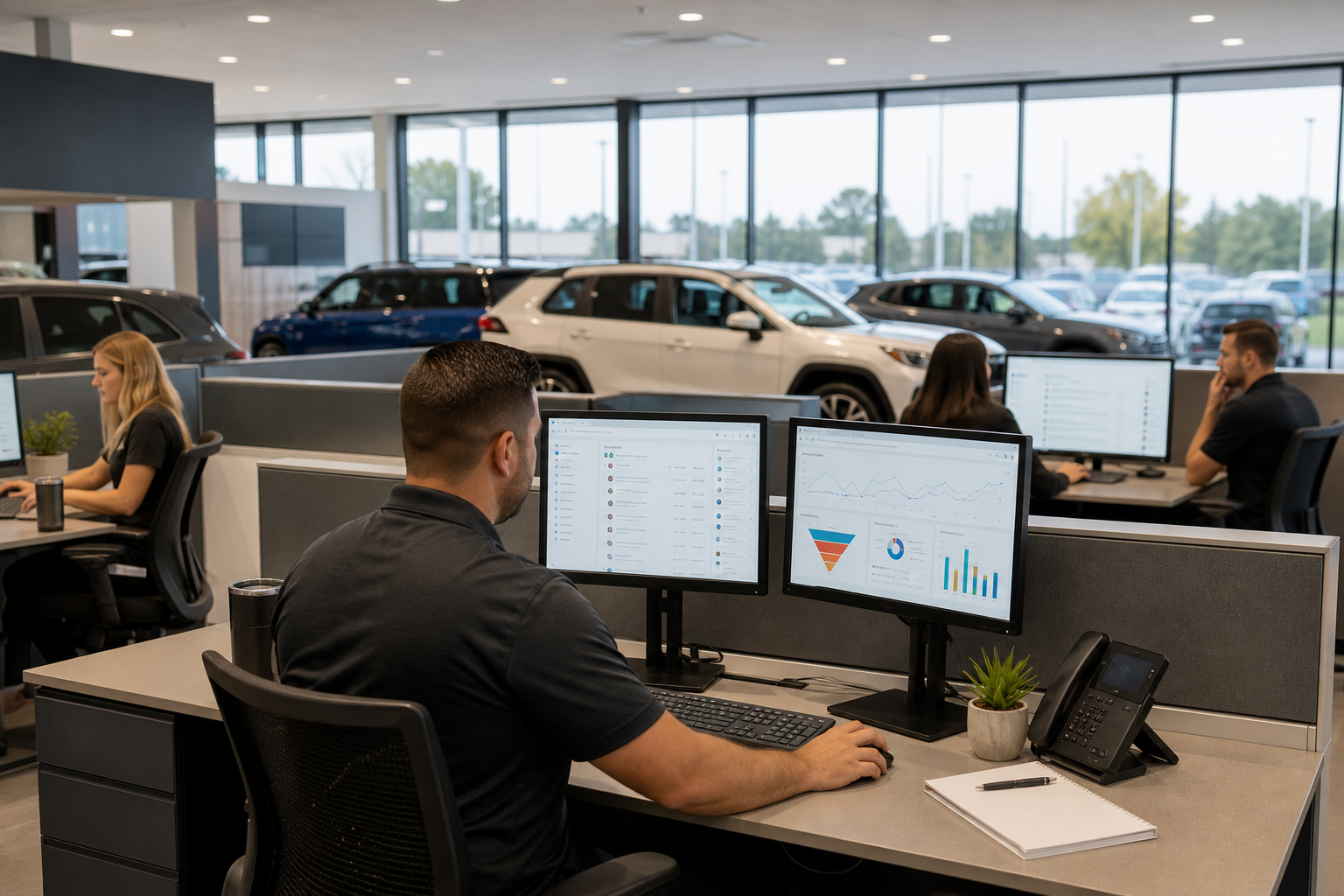 Dealership BDC team managing automotive email marketing campaigns in 2026