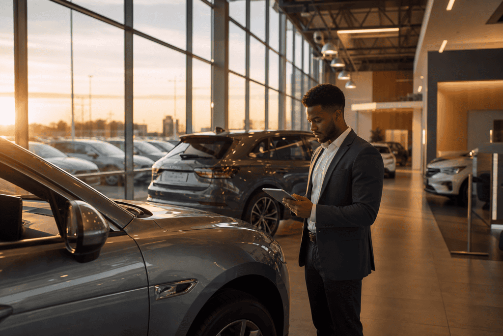 Modern car dealership showroom interior with salesperson reviewing tablet near vehicles