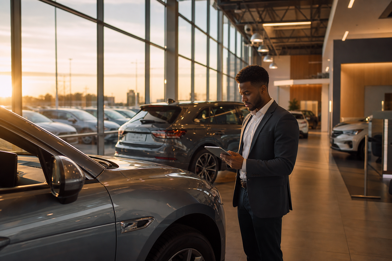 Modern car dealership showroom interior with salesperson reviewing tablet near vehicles