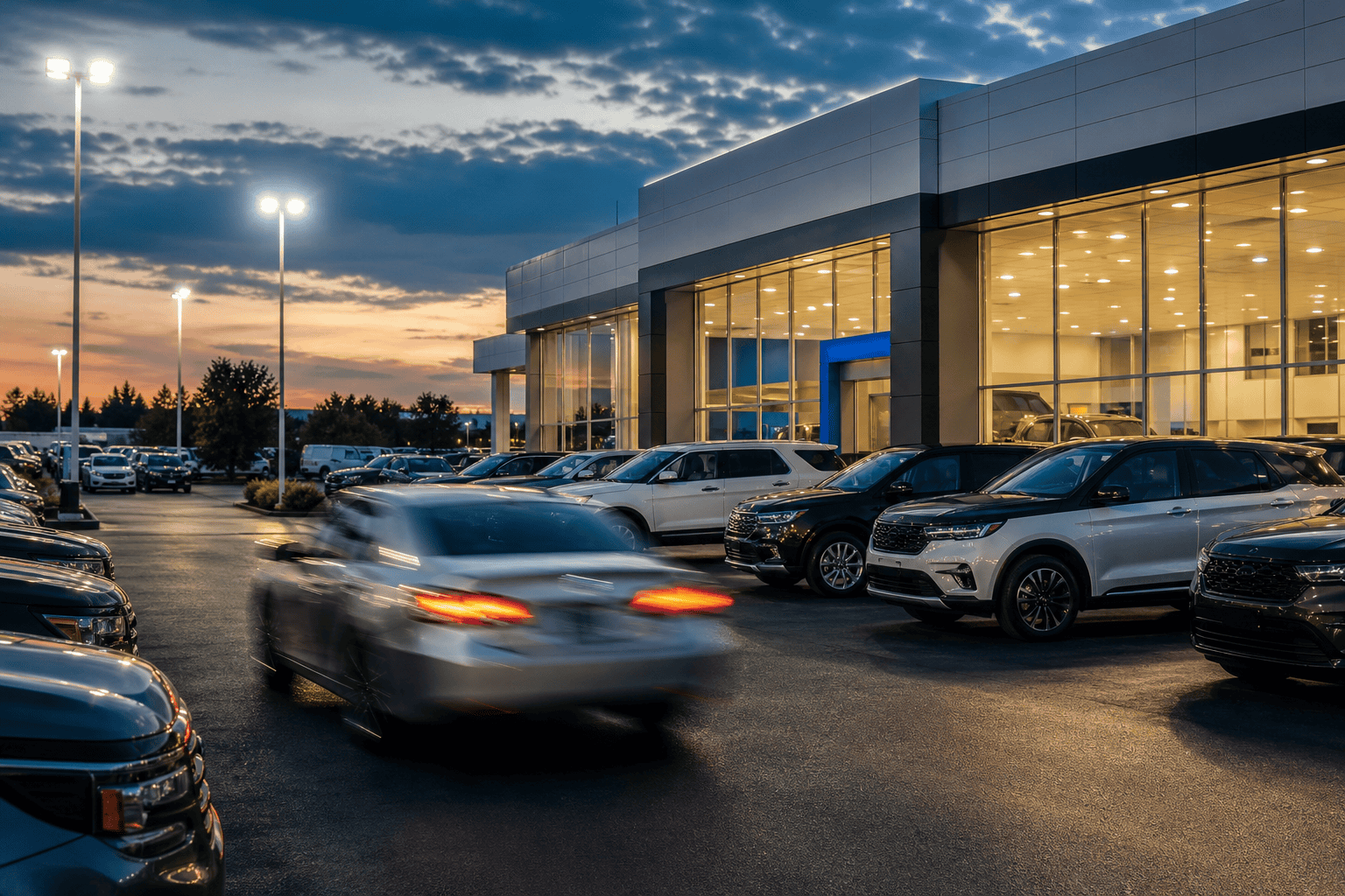 Modern car dealership lot at dusk showcasing live inventory for automotive ads