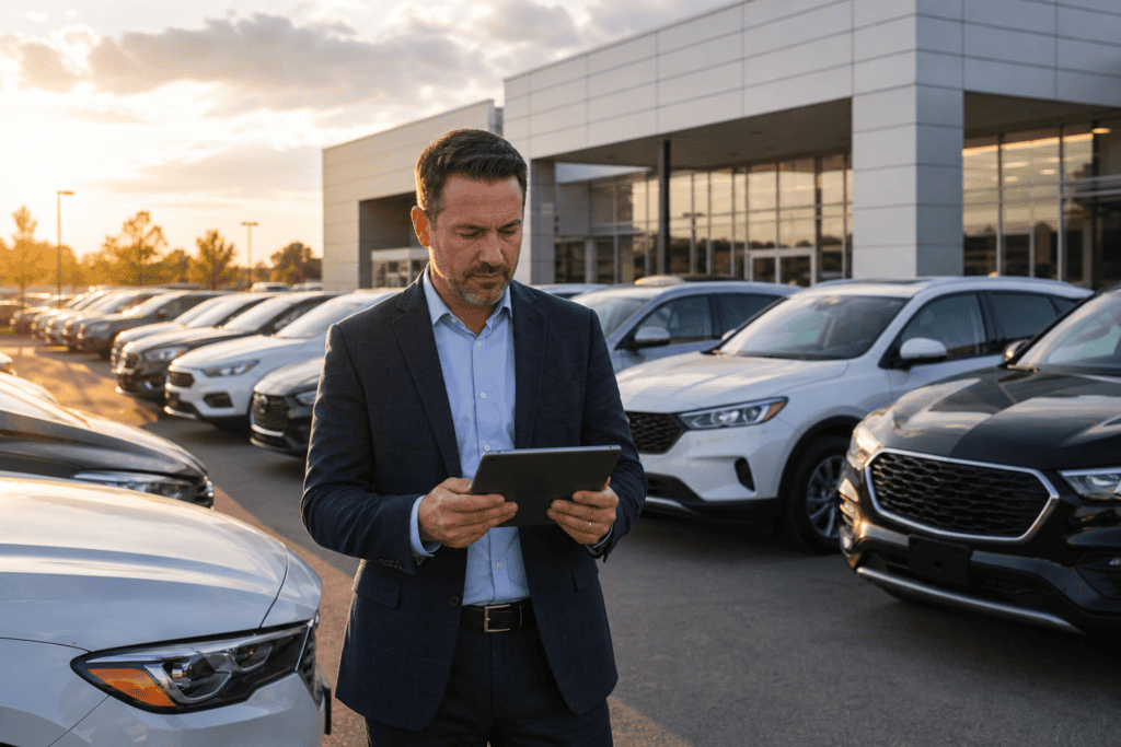 Dealership lot with organized vehicle inventory under golden hour lighting