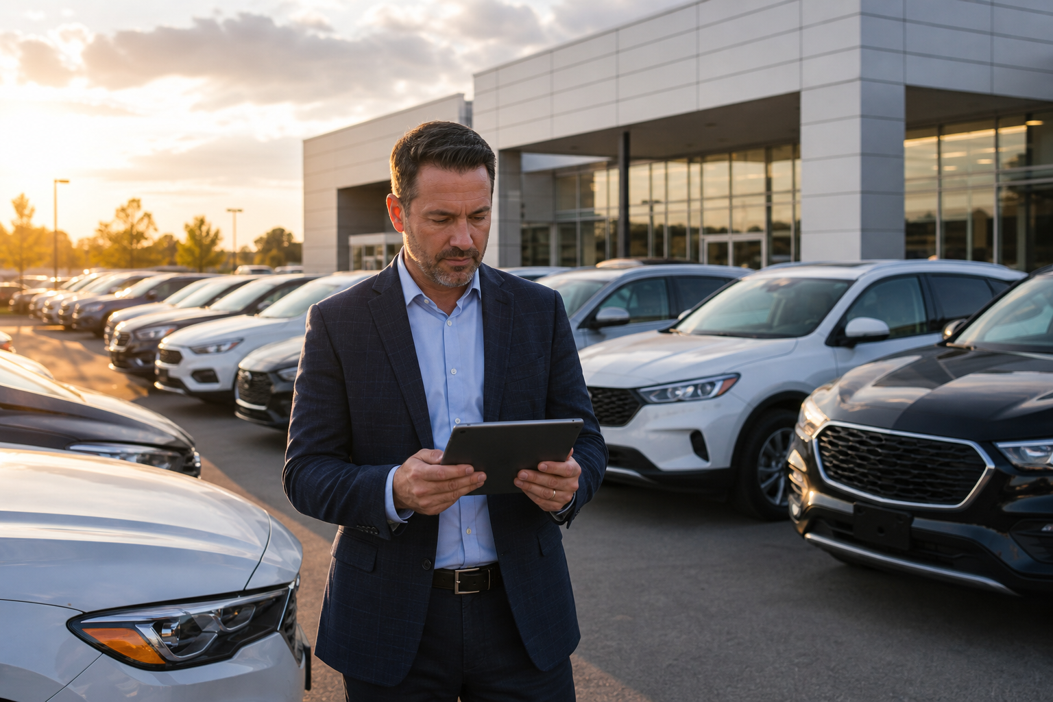 Dealership lot with organized vehicle inventory under golden hour lighting