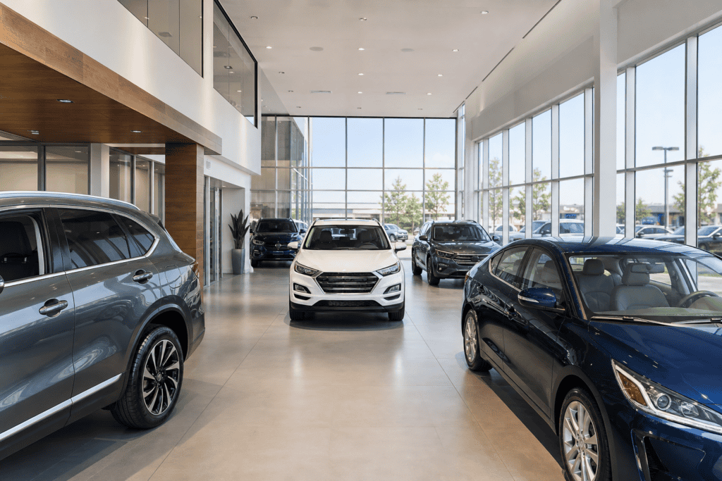 Modern car dealership showroom interior with vehicles on display for automotive SEO