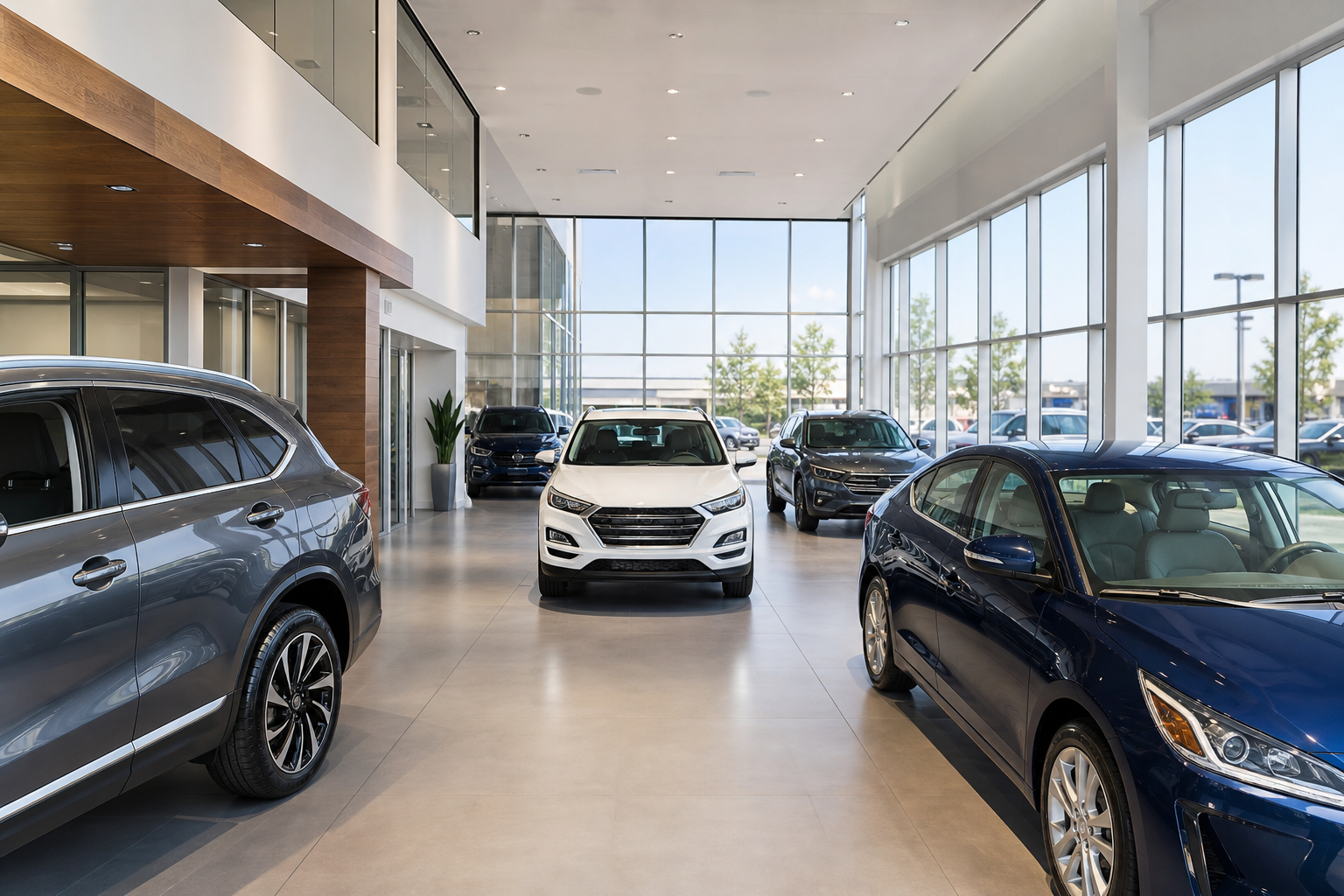 Modern car dealership showroom interior with vehicles on display for automotive SEO