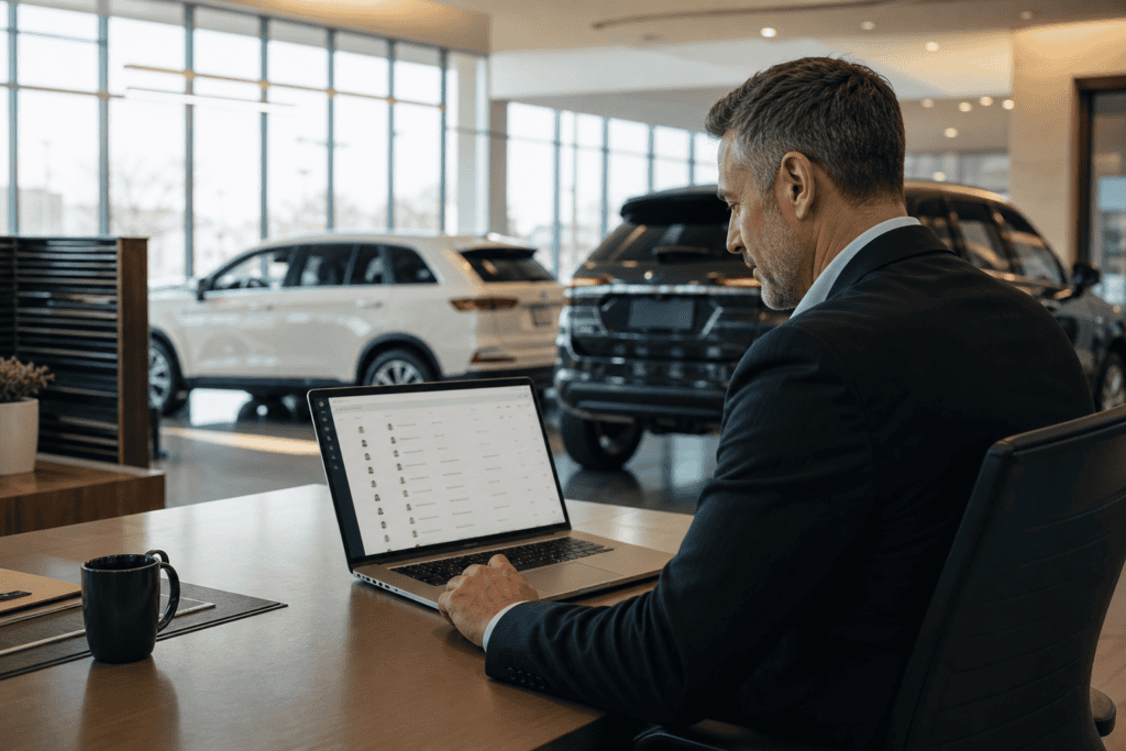 Sales manager reviewing automotive lead management data on laptop in dealership showroom