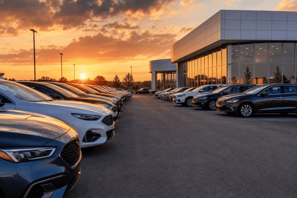 Modern car dealership lot at golden hour with polished new vehicles lined up
