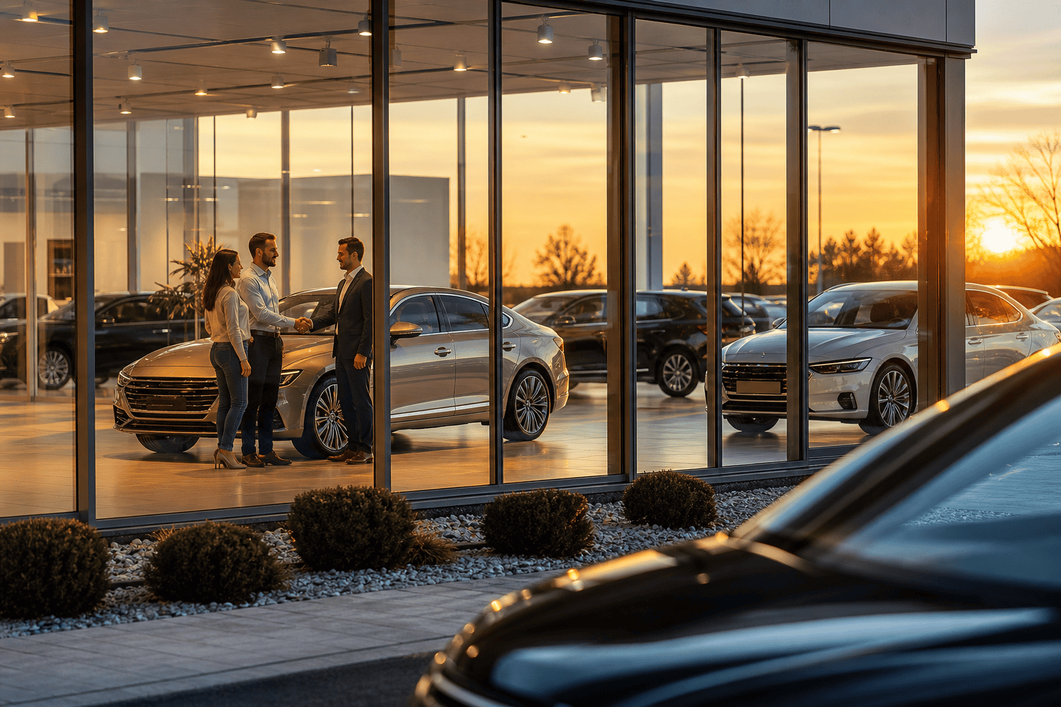 Modern car dealership showroom with salesperson greeting customers near vehicles
