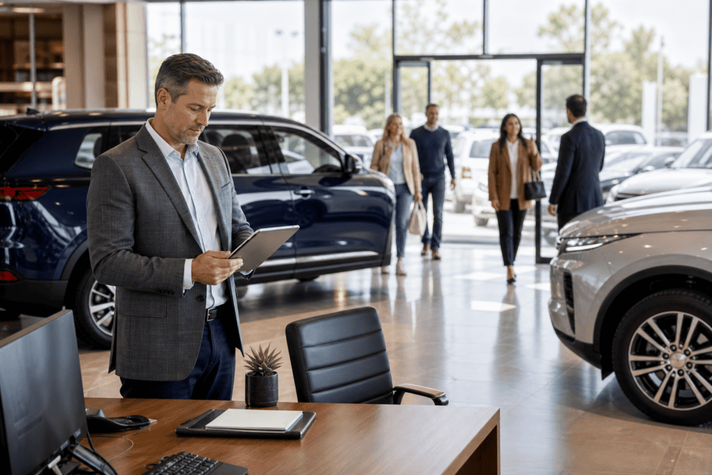 Car dealership showroom manager reviewing online reputation data on tablet in 2026
