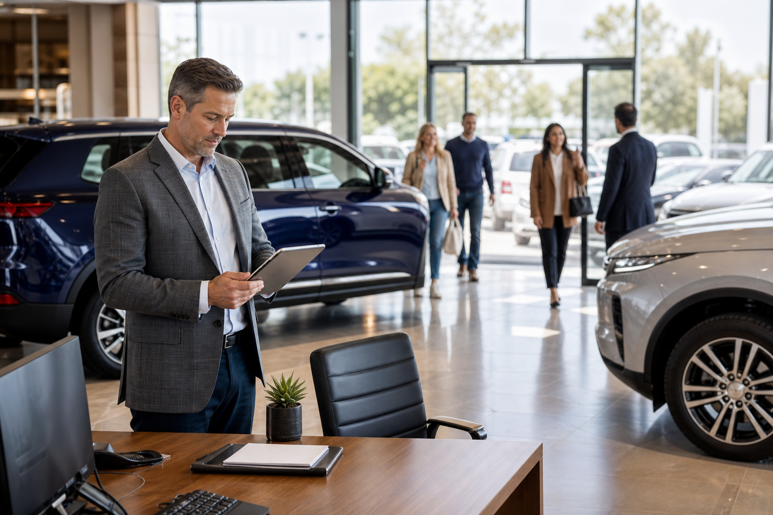 Car dealership showroom manager reviewing online reputation data on tablet in 2026