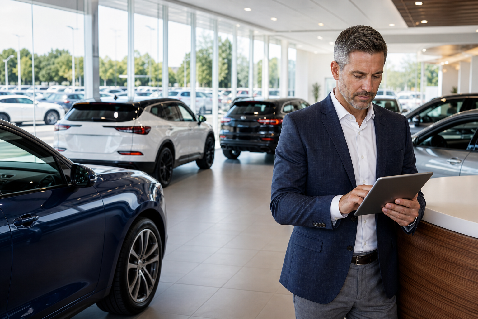 Car dealership showroom floor with manager reviewing customer feedback on tablet