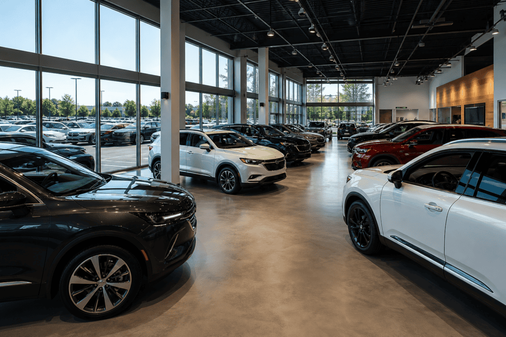 Modern car dealership showroom floor with rows of new vehicles under bright lighting