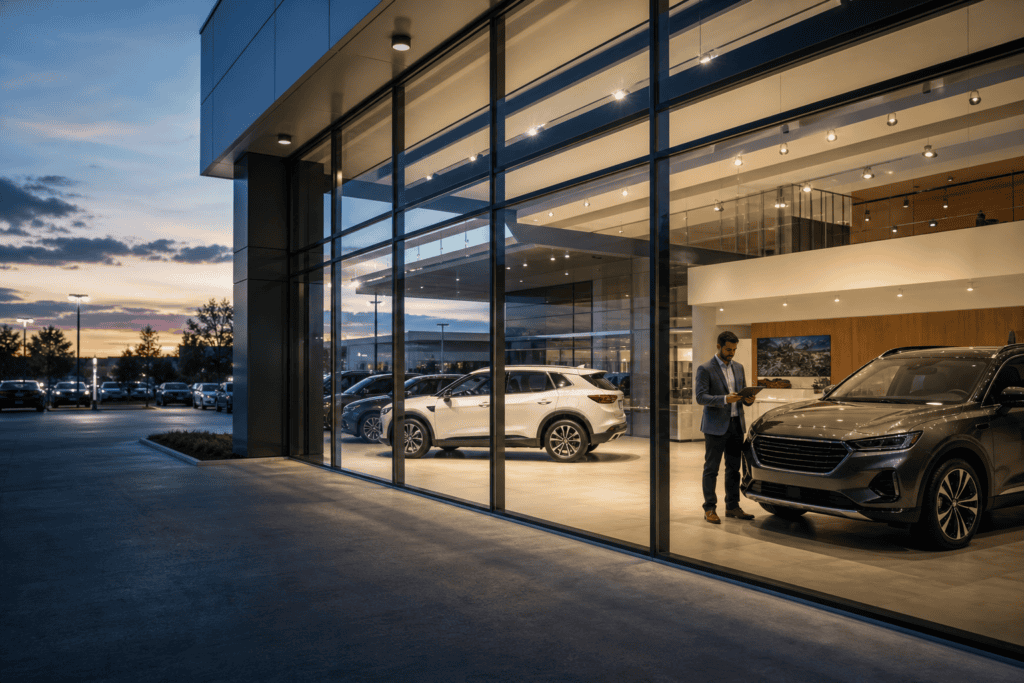 Modern automotive dealership showroom with new vehicles and salesperson reviewing tablet