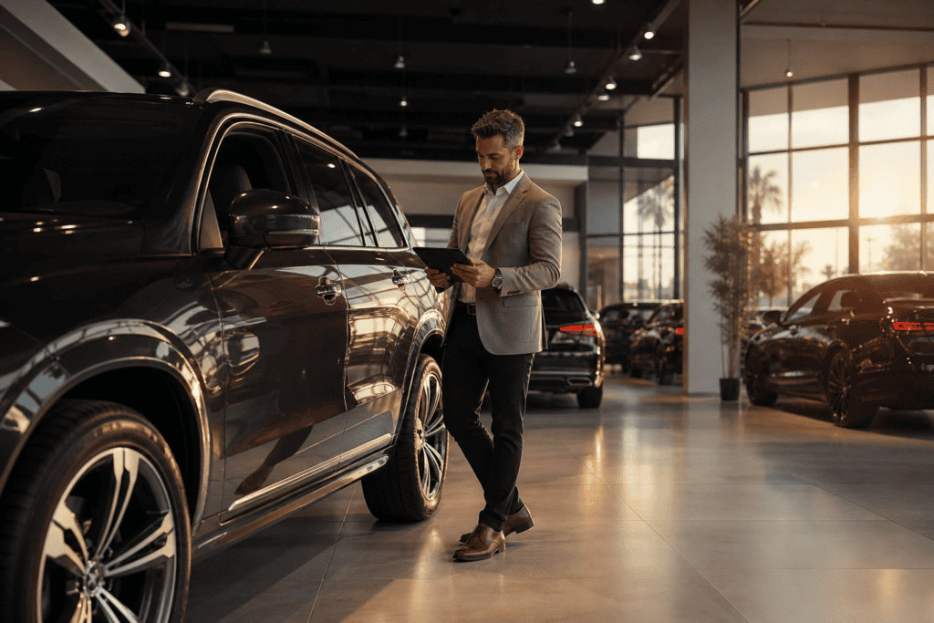 Modern car dealership showroom with salesperson reviewing social media campaign data on tablet