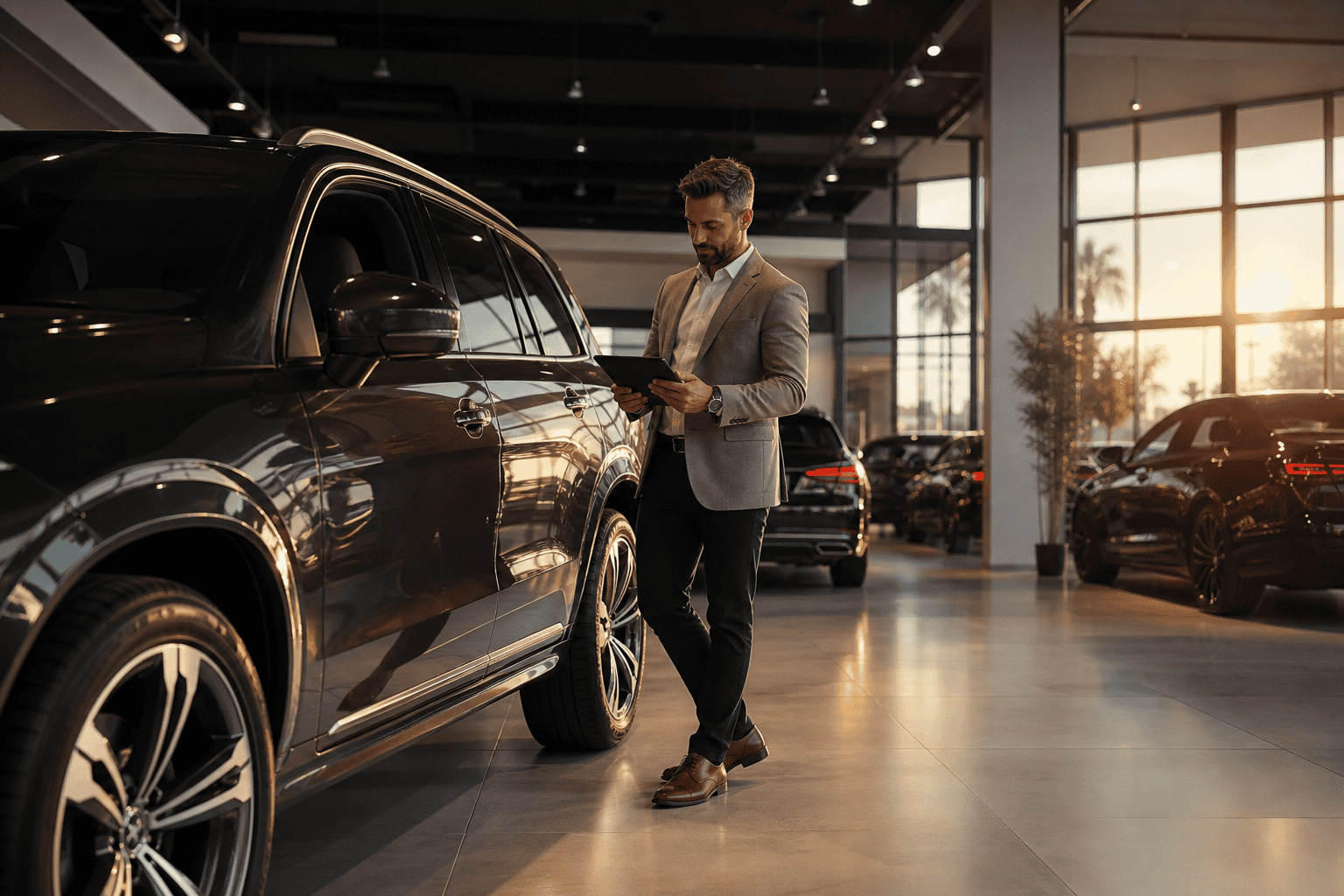 Modern car dealership showroom with salesperson reviewing social media campaign data on tablet