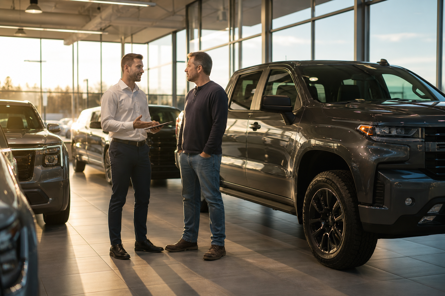 Car dealer and customer talking inside a modern dealership showroom in 2026