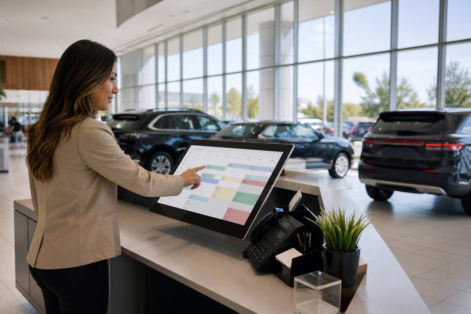Car dealership salesperson reviewing digital appointment scheduling calendar at reception desk