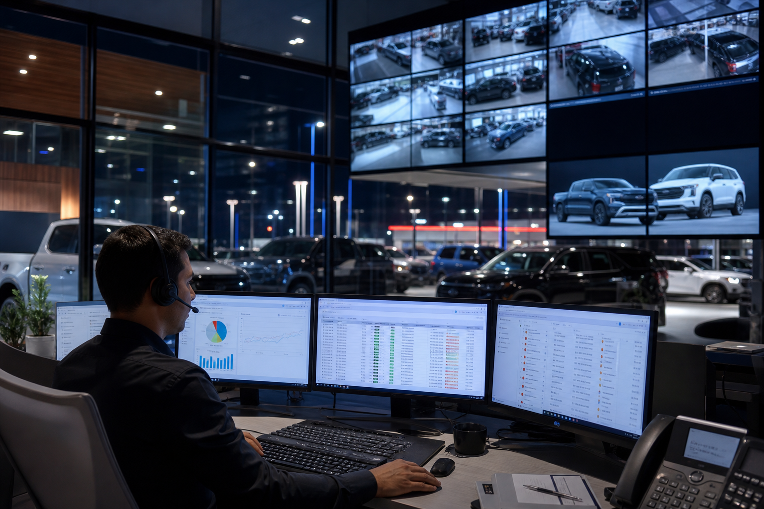 Car dealership BDC agent managing a virtual sales event on multiple screens