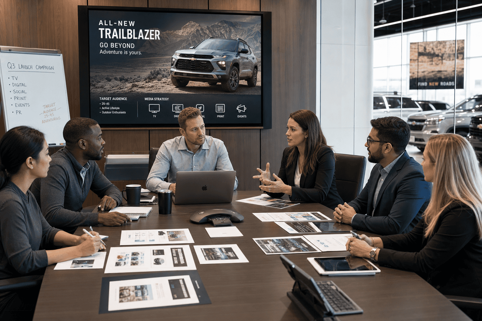 Professionals planning vehicle marketing strategy in dealership