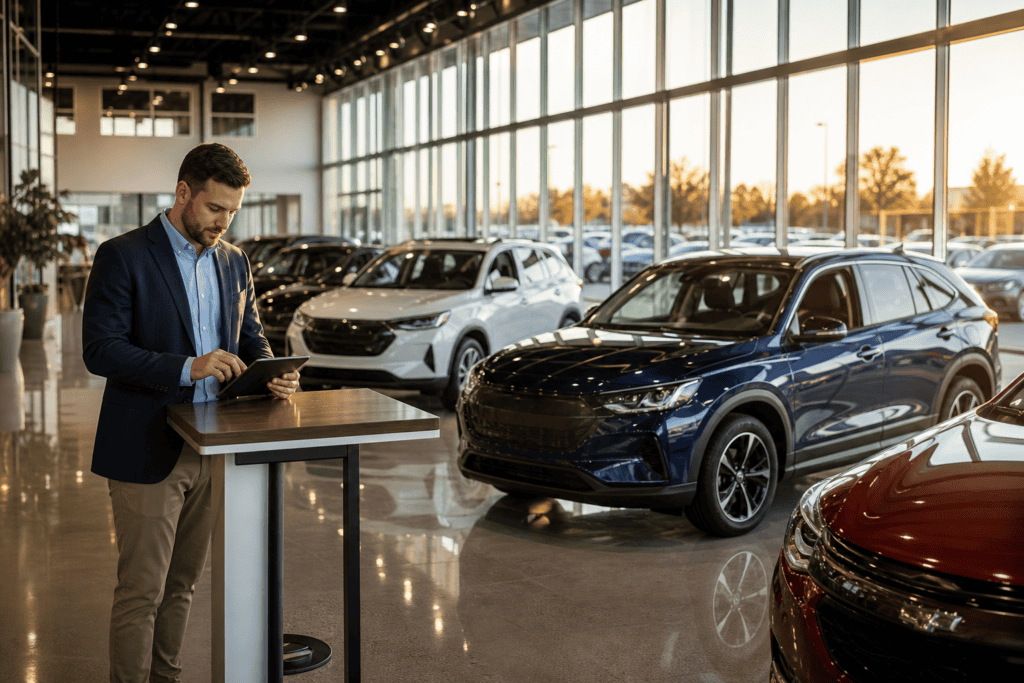 Modern car dealership showroom with consultant reviewing lead generation data on tablet