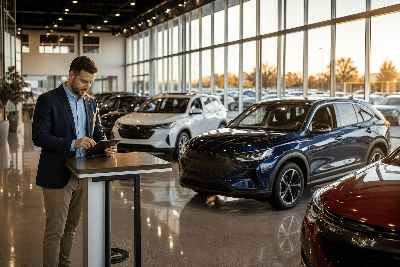 Modern car dealership showroom with consultant reviewing lead generation data on tablet