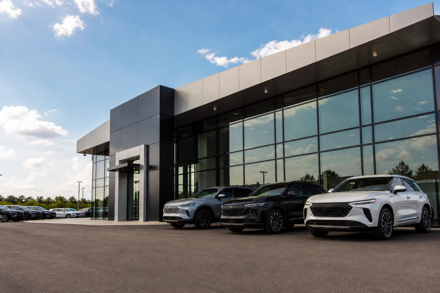 Modern car dealership exterior representing online reputation management for dealers in 2026