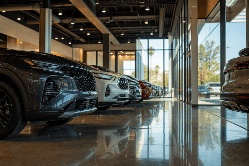 Modern car dealership showroom floor with gleaming new vehicles under bright lighting