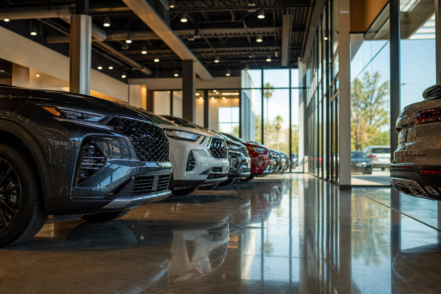 Modern car dealership showroom floor with gleaming new vehicles under bright lighting