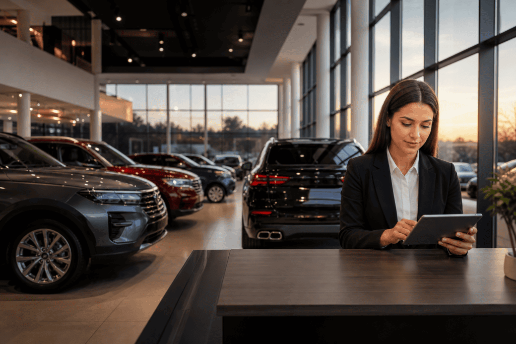 Modern car dealership showroom interior with vehicles and salesperson using tablet