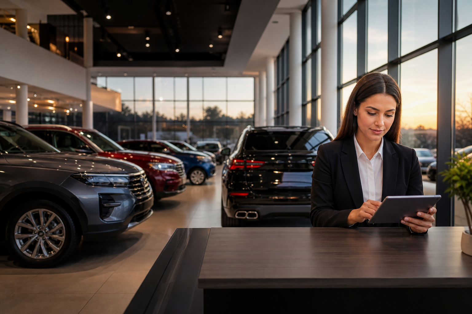 Modern car dealership showroom interior with vehicles and salesperson using tablet
