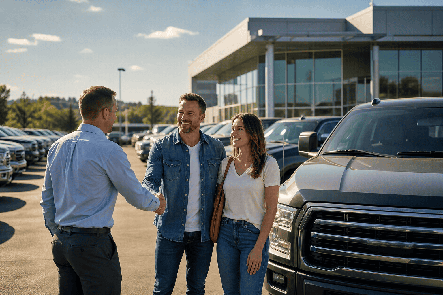 Busy car dealership lot with customers and salesperson closing a deal in 2026