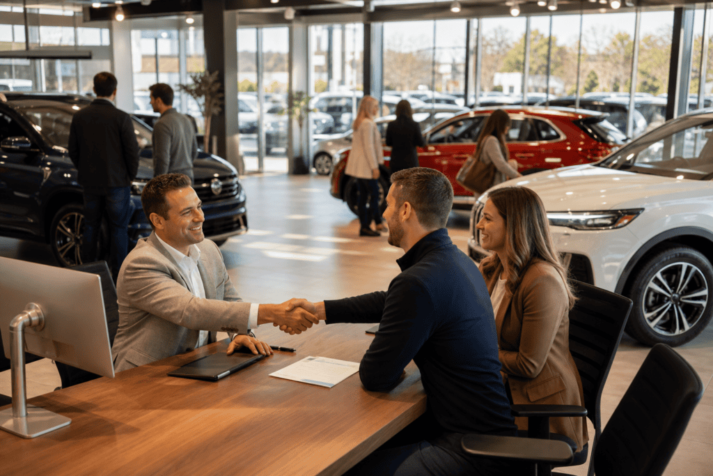 Salesperson closing a deal with customers on a busy dealership showroom floor