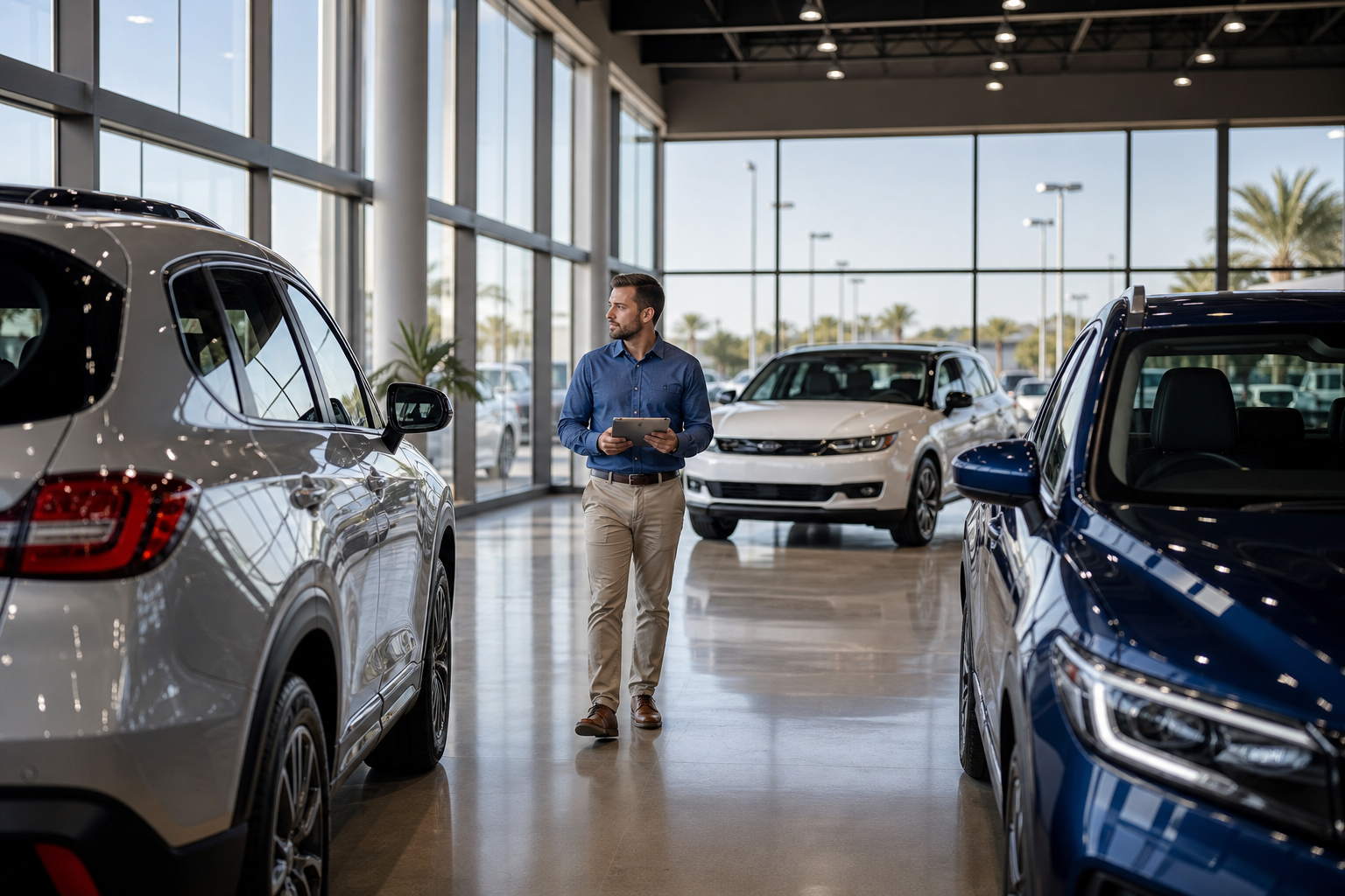 Modern car dealership showroom floor with vehicles on display and salesperson