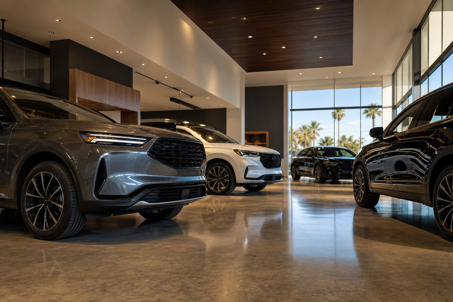 Modern car dealership showroom with polished vehicles under professional lighting